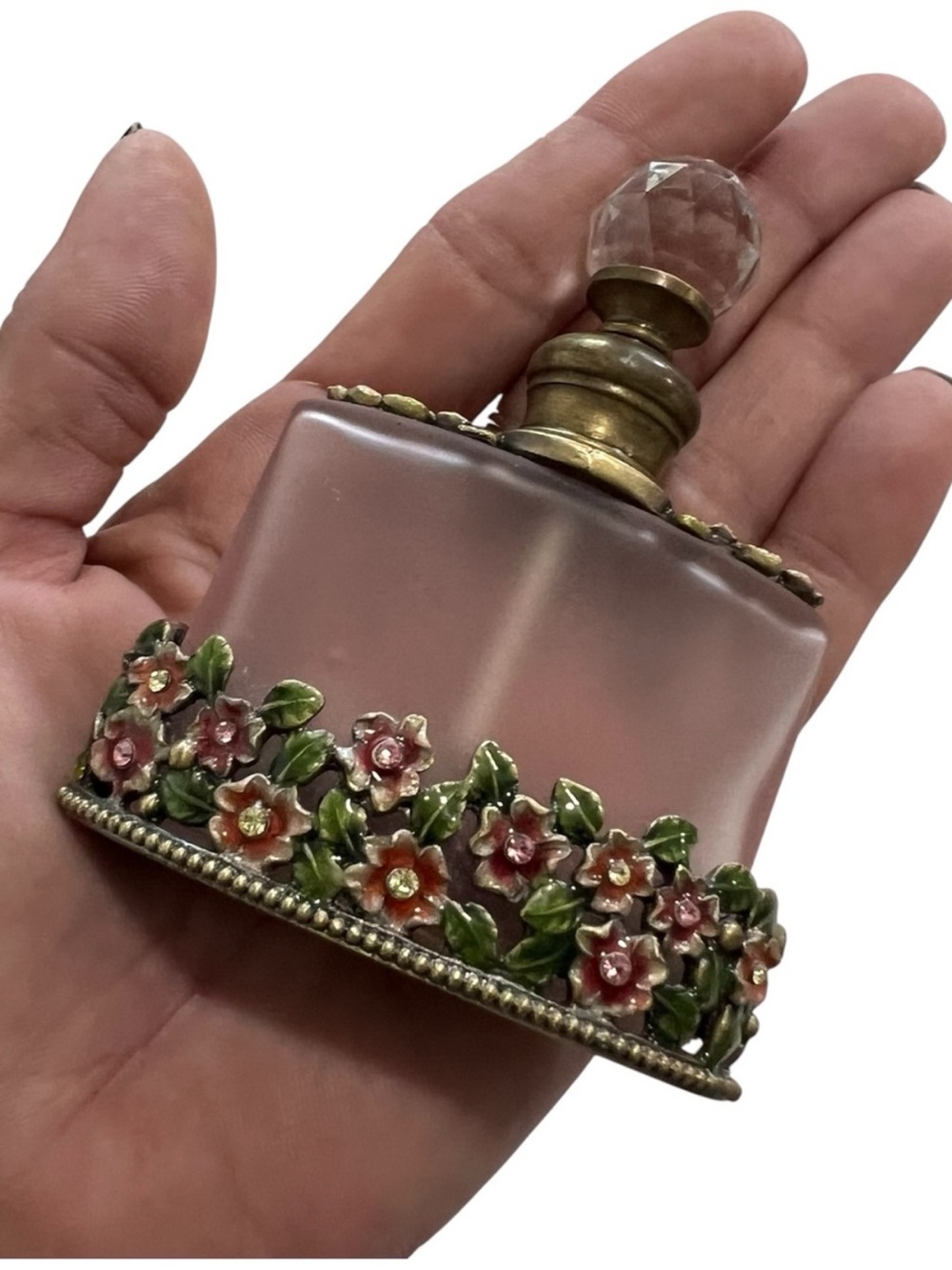 Vintage Jeweled Floral Enamel Frosted Pink Glass Perfume Bottle with Dauber